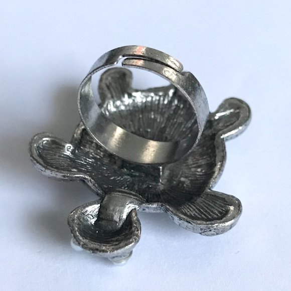 Vintage Turtle Cocktail Ring Silver Tone Adjustable Size 7 8 9 Sea Life Pearl - Picture 8 of 11